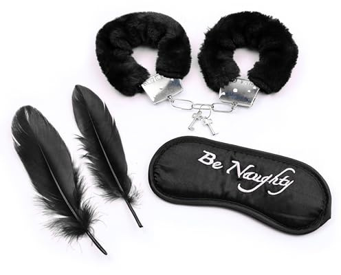 Tredelat set med fjäderögonmask och handbojor (SECC11) (Black) | rekvisita för vuxna i sovrummet