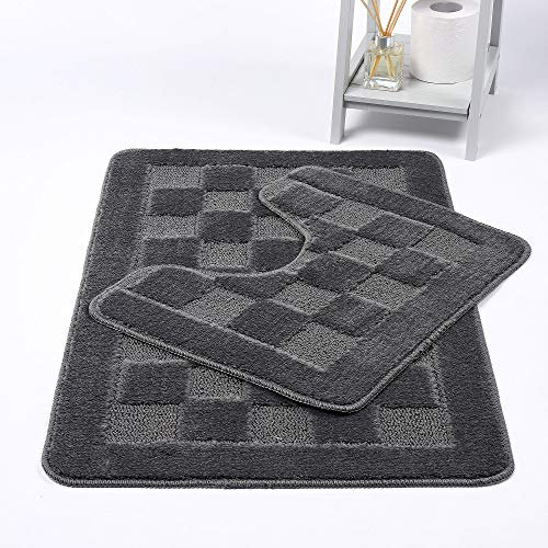 Bath Mat & Pedestal Mat Chequered 2 Piece Sets Bath Mats for Bathroom Shower U-Shaped Contour Toilet Mat Plush Non-slip Antibacterial Rubber Back Rugs (Silver Grey)