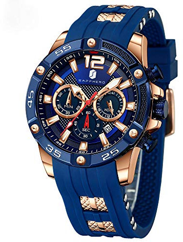 SAPPHERO Uhr Herren Herren Armbanduhr Chronograph Analogue Quartz Männer Uhren 3ATM Wasserdicht Großes Zifferblatt Silikon Bänder Business Military Sport Style Elegant Geschenk für männer
