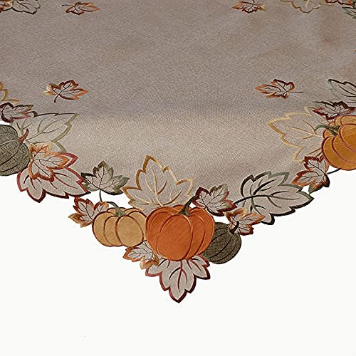 Tischdecke Mitteldecke Tischläufer Deckchen Aufleger Herbst beige Lurexfäden Bestickt mit Kürbis Motiv (85 x 85 cm)