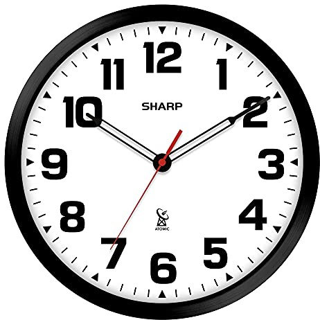 Sharp Atomic Analog Wall Clock - 12 Black Stylish Frame - Sets Automatically- Battery Operated - Easy to Read - Easy to Use – Modern Design and Style