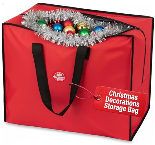 Christmas Village Premium Christmas Decoration Storage Bag - Durable Christmas Storage Bag with Double Zipped & Handles for Wreath, Baubles, Lights, Tinsel (Red, Decoration Storage)