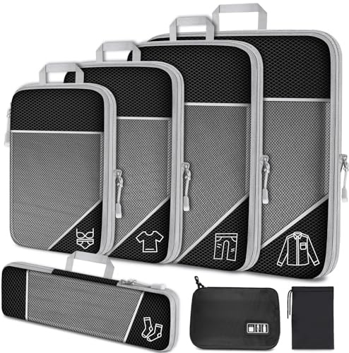 NiHome Juego de 7 cubos de compresión de malla expandible, artículos esenciales de viaje para maletas con cable electrónico, organizador de cargador, bolsa con cordón para accesorios de viaje,