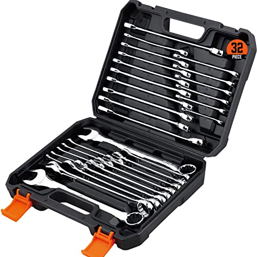 HORUSDY 32-Piece Combination Wrench Set, SAE and Metric, 1/4-1 & 7mm-22mm, 12 Point, Chrome Vanadium Steel Construction with Case
