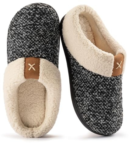ULTRAIDEAS Ladies' Cozy Memory Foam Slippers Fuzzy Wool-Like Plush Fleece Lined House Shoes w/Indoor, Outdoor Anti-Skid Rubber Sole(Dark Black, 6.5 UK)