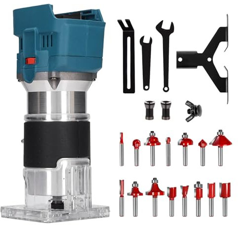 Professional Akku-Kantenfräse passend für Makita 18V, Akku Oberfräse Handfräser Einhandfräse 800W Bürstenloser Holztrimmer, 15 Stück Hartmetall Fräser Set (ohne Akku & ohne Ladegerät)