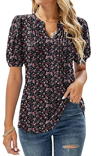 EFFAN Chemisier à manches courtes pour femme - Col en V - Motif floral - Tunique d'été - Décontracté - Long t-shirt, XL