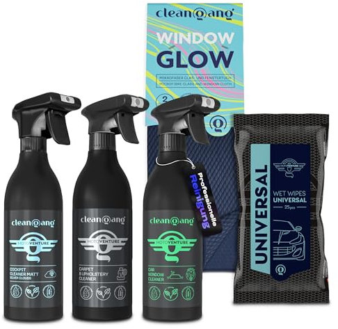 cleangang Auto Reinigungsset Innenraum - Spar-Set 5-Teilig für Klare Sicht & Porentiefe Reinheit - Polsterreiniger + Scheibenreiniger + Cockpitreiniger + Fensterputztücher & Feuchttücher