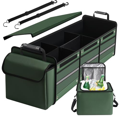 Snuopfy Car Trunk Organizer,115L Heavy Duty Collapsible Trunk Storage, with Insulated Leakproof Cooler Bag Vehicle Cargo Organizer with Lid, 3 Compartments, Straps For Car,Suv,Jeep,Sedan-Green