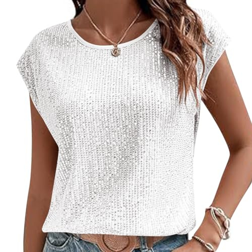 Onsoyours Top da Donna con Paillette Glitter Club Party Canotta Glitter Sexy Tunica Discoteca Sparkle Maglietta Elegante Estate Camicetta A Bianco S