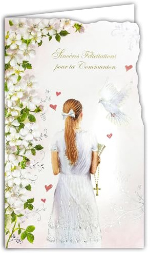 AFIE 19-648 - Tarjeta portabillete con sobres Sinceramente felicitaciones comunión hija vestido blanco cruz cristiana católico rosario Nuestro padre os saludo María Biblia abierta Paloma Flores