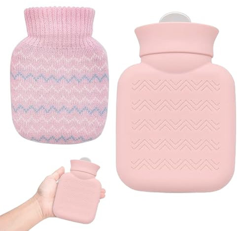 Petite Bouillotte 320 ml avec Housse Tricotée en Silicone, Mini Chauffe Mains pour Cou et Épaules, Dos, Jambes, Taille - Compatible Micro Ondes (Rose)