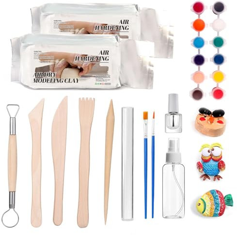 Töpfer Set für Anfänger, 1kg Lufttrockenen Ton Töpfer set Enthält, DIY Töpferset Heimtöpferset für Erwachsene Kinder für Zuhause Eignet Sich zum Formen Verschiedener