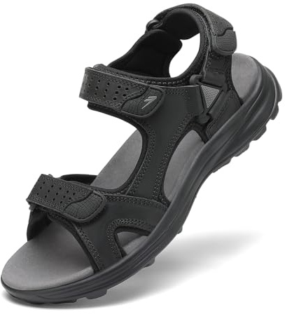 FLARUT Sportsandaler för män Sommar Andningsbara Strandskor läder Vardagliga Promenadsandaler Utomhus Halkfria Vandringssandaler(Svart B,44 EU)