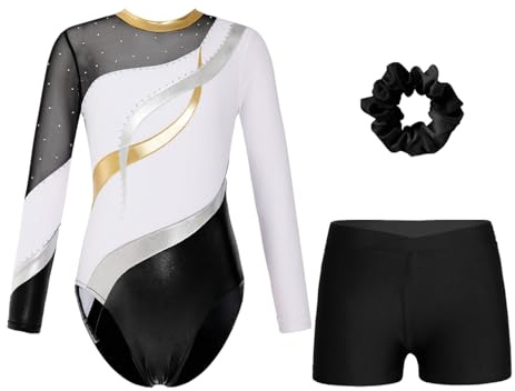 Oyolan Enfant Fille Justaucorps Gymnastique avec Short Ensemble Patinage Danse Gym Tenue Spectacle Costume 5-16 Ans A Blanc 11-12 ans
