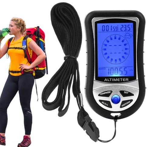 Altímetro Digital, barómetro de Mano 8 en 1 y brújula, retroiluminación multifunción para Exteriores, Temperatura portátil, Reloj de Tiempo para Senderismo, Camping, 2.09 x 0.98 Pulgadas