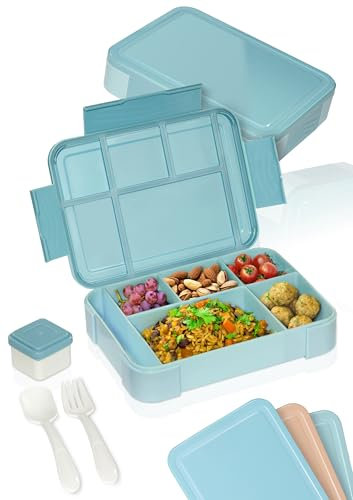 Deine Schulhelden Bento Box - Brotdose für Erwachsene und Kinder - Bruchfeste, Auslaufsichere Lunchbox mit Besteck & Becher - BPA frei, Spülmaschinen- & Mikrowellengeeignet - Kapazität 1330ml (blau)