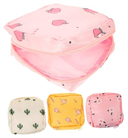 NIYANGLE Bolsa De Compresas Higiénicas Portátil, 4 Unidades, Tela Sin Olor, Organizador Decorativo Estampados (melocotón, Flor De Cactus, Cactus, Helado), Práctica Para Viaje y Uso Diario