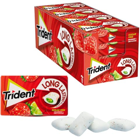 iChuches- Chicle sin azúcar de larga duración Trident. Refrescante, sin calorías, ideal para el aliento (16 und, fresa lima)