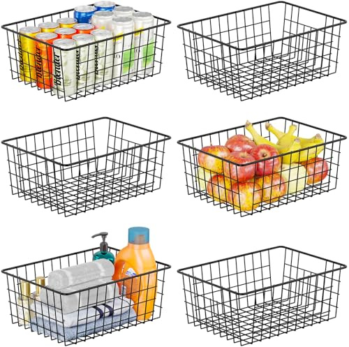 SUFAUY 6 Pack Utility Wire Shelves for Storage and organization, Sturdy Steel Large Metal Basket with Handle, Stackable Organizer, Black