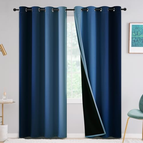Yakamok Blue Blackout Curtains 84 inches Long for Living Room | 100% Blackout Room Darkening Ombre Curtain for Bedroom Grommet Thermal Insulated Gradient Drapes，2 Panels，52W x84L inch