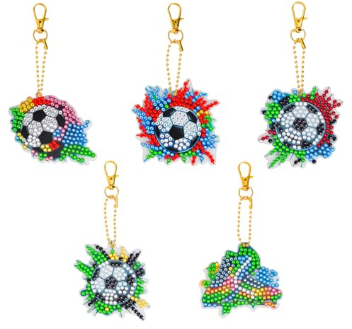 Diamond Painting - Set di 5 portachiavi a forma di pallone da calcio, fai | Kit per diamond painting fai da te: 5 portachiavi a forma di calcio con accessori completi per il fai da te. Perfetto per i