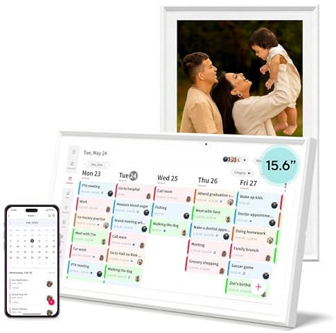 15.6 Smart Digital Calendar, No Subscription WiFi Touch 1080P Photo Frame | No subscription fees, cross-platform WiFi sync iCloud, Google & Outlook, all-in-one FHD touch family organizer photo frame