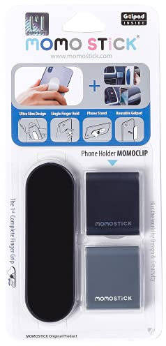MOMOSTiCK - Das Original! Kombi - Momoclip + Smartphone Fingerhalter - Handy Fingerhalterung Handy Griff - Handy Halterung Handy Ring (Kombi Momostick + Momoclip Matt Serie - Schwarz)