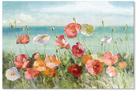 Goldfoilart Beach Colorful Flower Canvas Paintings Spring Poppies Wall Art Pictures Bloosom Floral Framed Artwork Print Landscape for Living Room Bedroom Kitchen Office Home Decor 36 x 24
