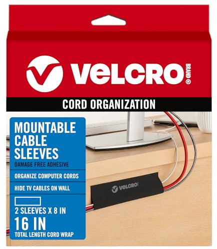 VELCRO Brand Mountable Cable Sleeve | Cord Management Mounts on Walls, Desk or Entertainment Center | Removable Adhesive is Damage Free | 8in Black, 2pk, 8in - 2Pk