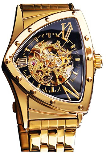 FORSINING Triangle Skelett Herren Automatische Mechanische Uhr Luxus Gold Schwarz Edelstahl Uhren Wasserdicht Leuchtende Sport Armbanduhr, Rund Gold Schwarz, Skelettuhr, mechanisch