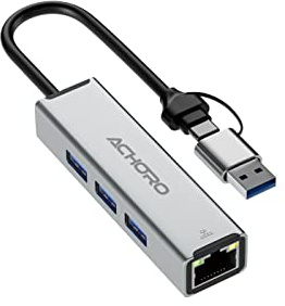 ACHORO Multi-Function USB to Ethernet Adapter with LAN – Built-in USB A & USB C, Extra 3 USB Connections with RJ45, Aluminum Alloy, for PC & Mac (LAN & USB Ports)