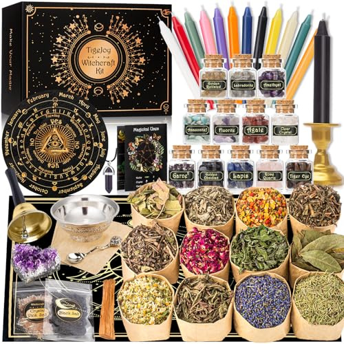 TigeJoy Witchcraft Supplies Witch Stuff Spell Kit 60PCS, Wiccan Tools, Include Herb Crystal Candle Amethyst Altar Bowl Witch Bell, Witch Gift Wiccan Starter Kit Altar Supplies Pagan Decor