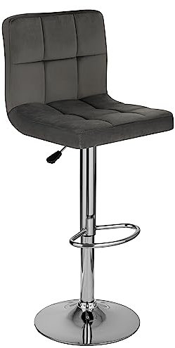 Baroni Home gepolsterter Barhocker oder Küchenhocker, verstellbar und drehbar um 360°, mit Rückenlehne und Fußstütze, Gestell aus verchromtem Stahl, Grau Samt, 1 Stück