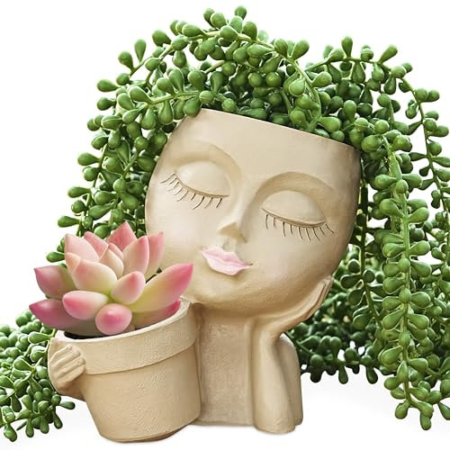 Winter Shore Macetas con Cara para Plantas - Maceta Cabeza Marrón Claro 2 en 1 - Macetas Interior y Exterior Decorativas - Material de Resina Agujero Drenaje y Tapón - Almohadillas Antideslizantes
