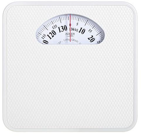ADLER EUROPE AD 8179 Mechanische Personenwaage – Analoge Waage bis 136 kg, ohne Batterien, mit Metallgehäuse, Antirutschmatte, Kalibrierungsknopf, Weiß – sofort einsatzbereit