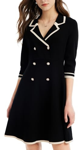GOELIA Work Dresses for Women UK Spring Black Jumper Dress for Women, Button up 3/4 Sleeve Knit Mini Jumpers Dresses Sweater 50s Dress for Teacher Business Wear