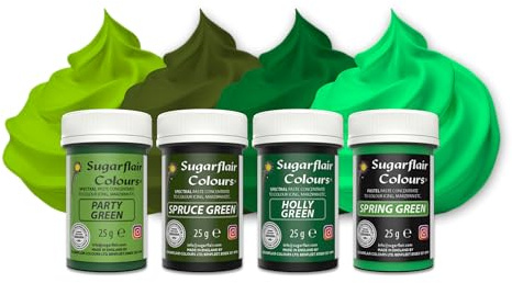 Sugarflair Green Food Colouring Paste Set 4x 25g - Concentrated Paste Food Dye for Cake Decorating, Fondant, Buttercream, Cake Batter and More - Vegan, Kosher, Bake-Stable