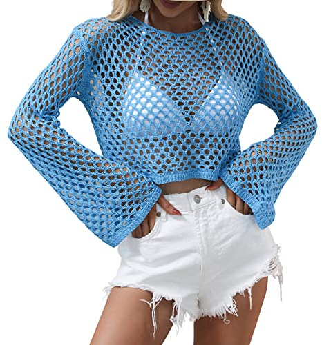 Edhomenn Suéter corto de ganchillo para mujer, manga larga, para verano, playa, 01 Azul, L