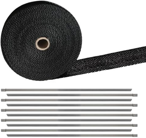 Zueyen Hitzeschutzband 15 muspuff, Hitzeschutzband 15 mus Glasfaser, Schwarz 15 muspuffband Mit 10 Kabelbinder Edelstahl, Für Motorrad Fächerkrümmer Thermoband (15 m)