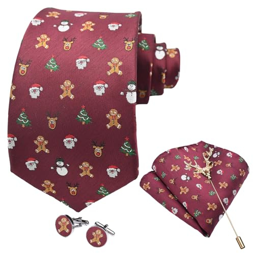 LIEOLGOH Weihnachts Krawatte für Herren Weihnachts Klassisch Muster Xmas Party Festlich Krawatten mit Einstecktuch Manschettenknöpfe Brosche Set (Weihnachtsmann)