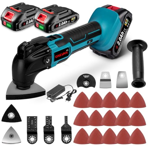 ONEVAN Strumento multifunzione a batteria, 6 marce, angolo di oscillazione 4°, strumento di oscillazione senza spazzole per levigatura, lucidatura, con 22 accessori, impugnatura aggiuntiva, 2 batterie
