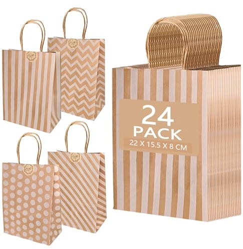 Bolsas papel Kraft, 24 Piezas Bolsa de Regalo de Papel con Asas, 15.5 x 22 x 8 cm Bolsas Papel Regalo, Elegantes Bolsas de Regalo para Cumpleaños, Bodas, Eventos