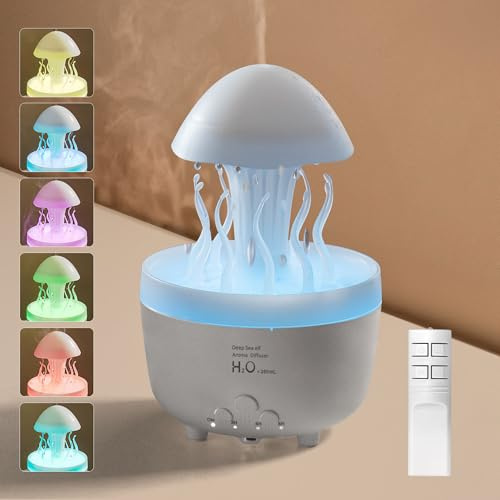 Foyucool Umidificatore Nuvola di Pioggia, 300ml Diffusore Ambiente con Luce a 7 Colori, Temporizzazione 2/4/8H e Auto-Off Senza Acqua, Simulare Pioggia e Autorotazione, Umidificatore Ambiente, Bianco