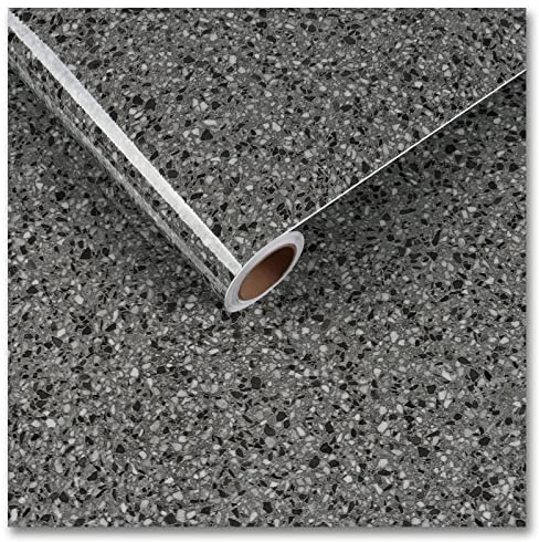 CRE8TIVE Carta Adesiva Per Mobili Nero Chiaro Carta da Parati Muro Grigio Granito 30cm x 200cm Pellicola Adesiva per Mobili Bagno Impermeabile Carta Effetto Marmo Lucido Cucina Armadio Piano di Lavoro