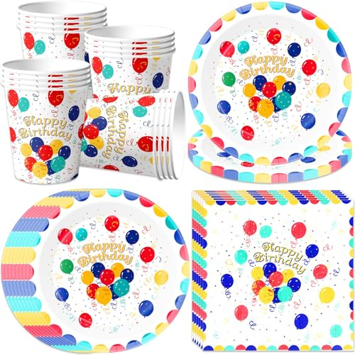 pekifaves Set di stoviglie colorate per feste di compleanno, piatti di carta, tovaglioli, tazze, 16 ospiti, set di stoviglie per uomini, donne, bambini, decorazione per compleanno, Bianco