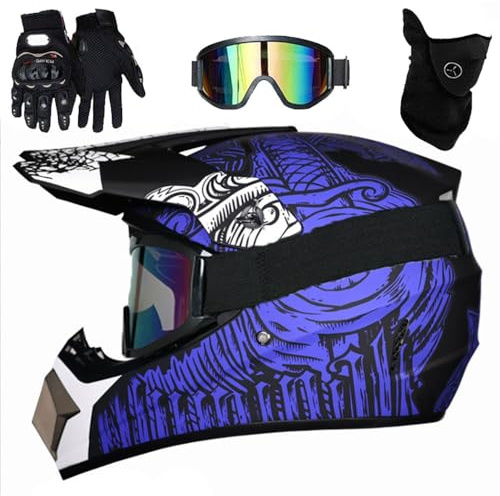 Motocross Helm Set für Kinder Und Erwachsene Mit Brille Handschuhen Und Maske, Vollgesichtshelm für Offroad Motorrad ATV MTB Jungen Mädchen Herren Damen(Blue Order,XL (58-59cm))