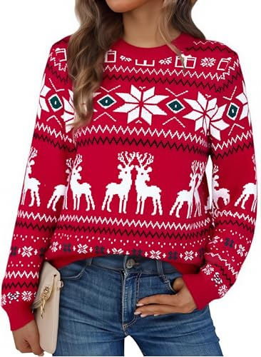 Litherday Maglione Natalizio Donna Maglioni Natalizi Invernale Ugly Christmas Sweater con Albero di Natale Fiocco di Neve e Elk