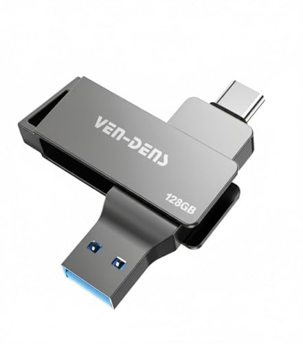 VEN-DENS 2-in-1 USB 3.2 Flash Drive – Type-C & USB-A Dual Interface, USB Stick External Storage, High-Speed Zinc Alloy OTG Memory Stick for Android, Laptop, MacBook, Windows, Smartphone & PC (128GB)