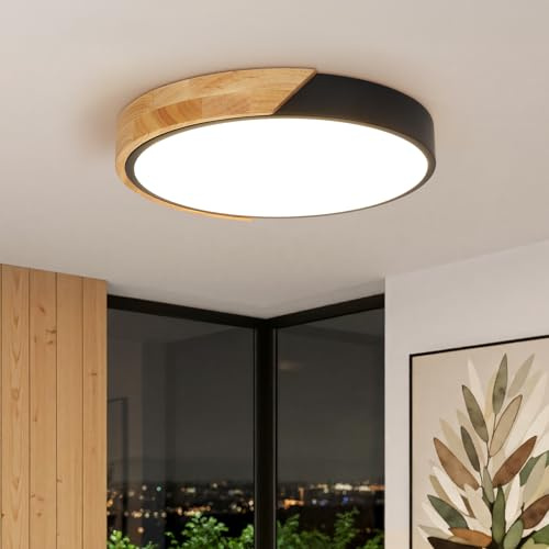 Kambo Plafón LED Redondo de Madera 24W 4500K Luz Natural- Lámpara de Techo Moderna Interior Negro 2400LM Ø30cm, Luz iluminación para Cocina Salón Dormitorio Estudio Pasillo Posada